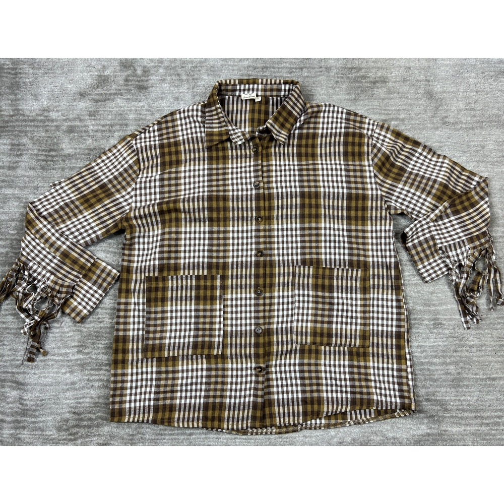Grace & Emma Plaid Shirt Womens L Brown Fringe Western Button Down Patch Pockets